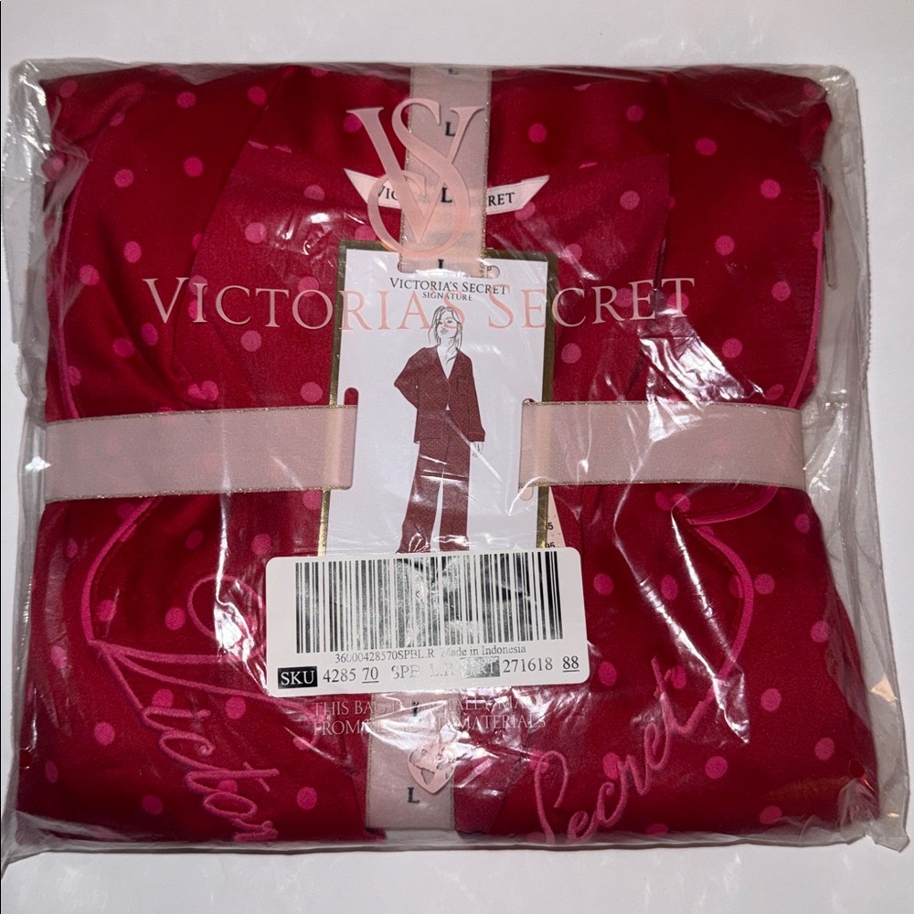 New Victoria's Secret Glazed Satin Pajama Set Red Pink Polka Dots Women’s Size L